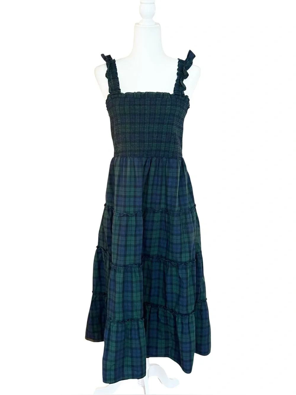 J.Crew Midi Dress Green Tartan Plaid Smocked Poplin Tiered Preppy Holiday SZ M